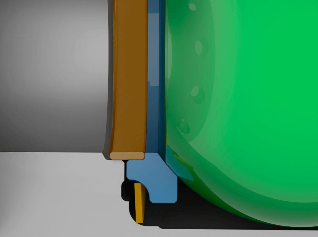 A close-up, cross-section illustration of mechanical components, featuring a large green curved part, brown and blue structural pieces, and a gray cylindrical section on the left.