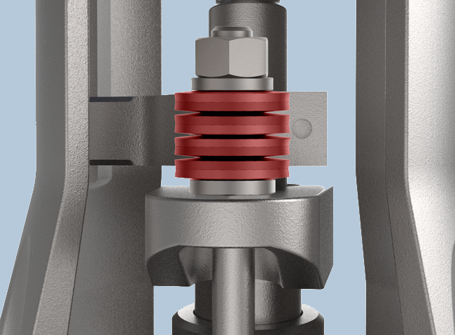 Close-up view of a mechanical component with a red, ribbed, cylindrical part sandwiched between metallic fittings, featuring bolts and a central rod, set against a light blue background.