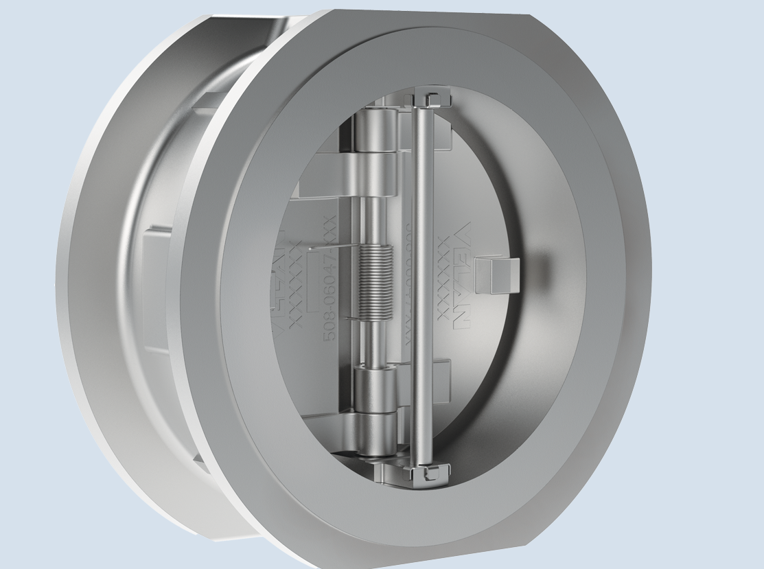 A 3D rendering of a metallic wafer check valve with a hinge and spring mechanism visible inside the circular body, shown against a light blue background.