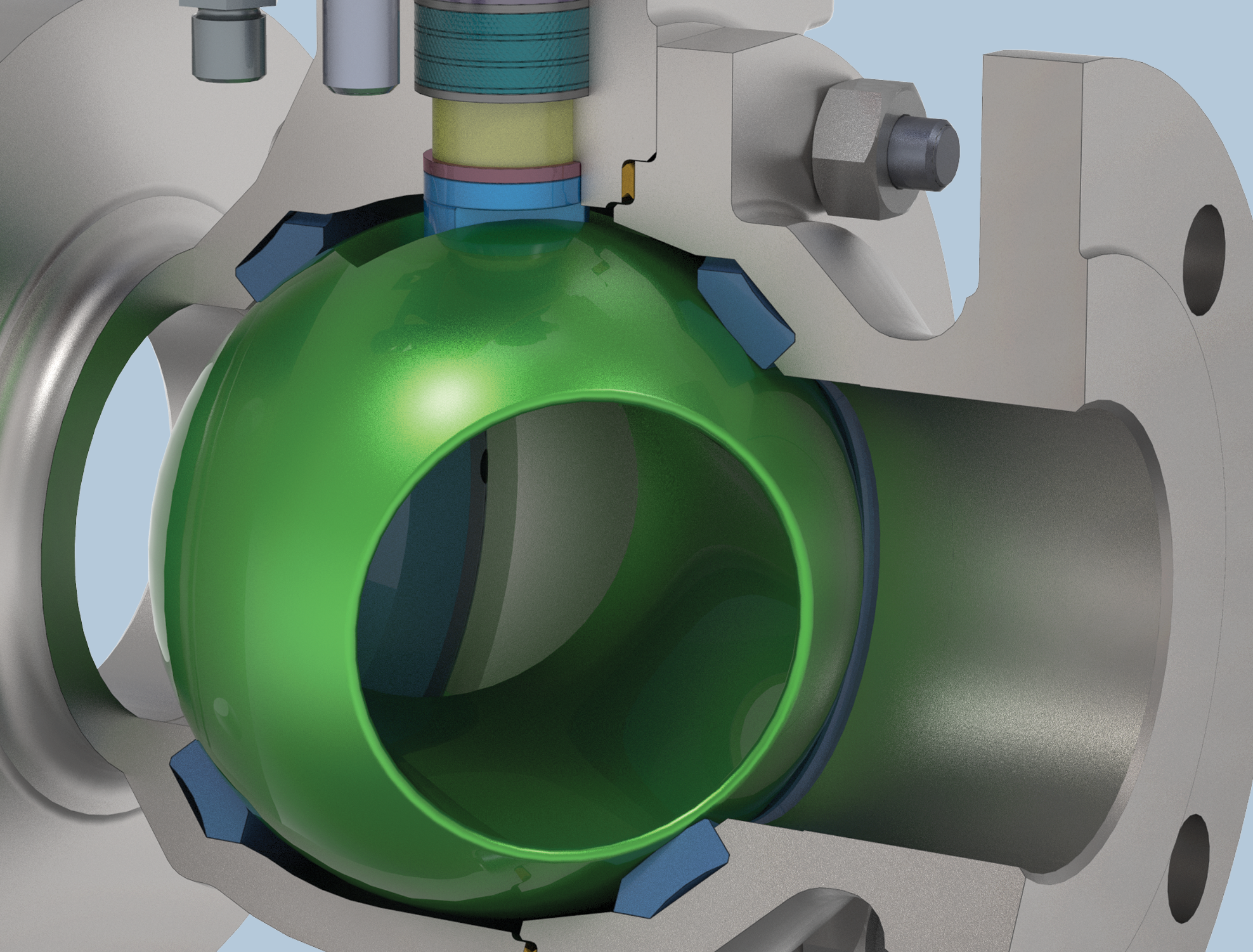 A close-up, cross-sectional view of a metallic ball valve, showing a green spherical ball inside the valve body with various mechanical components and fasteners visible around it.
