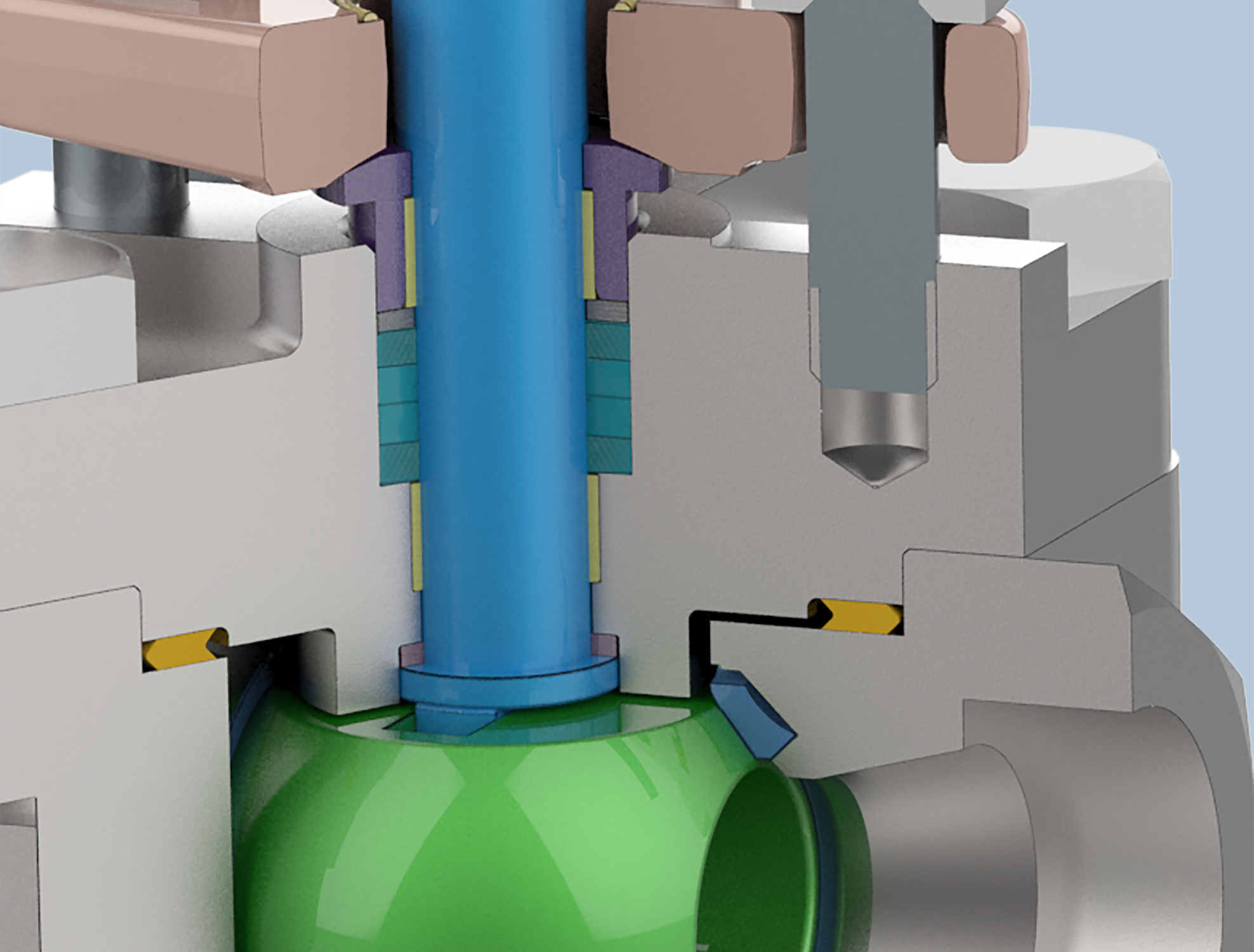 Cross-sectional rendering of a mechanical valve assembly, showing internal components such as a blue shaft, a green spherical element, seals, and metal housing with detailed connections and fittings.