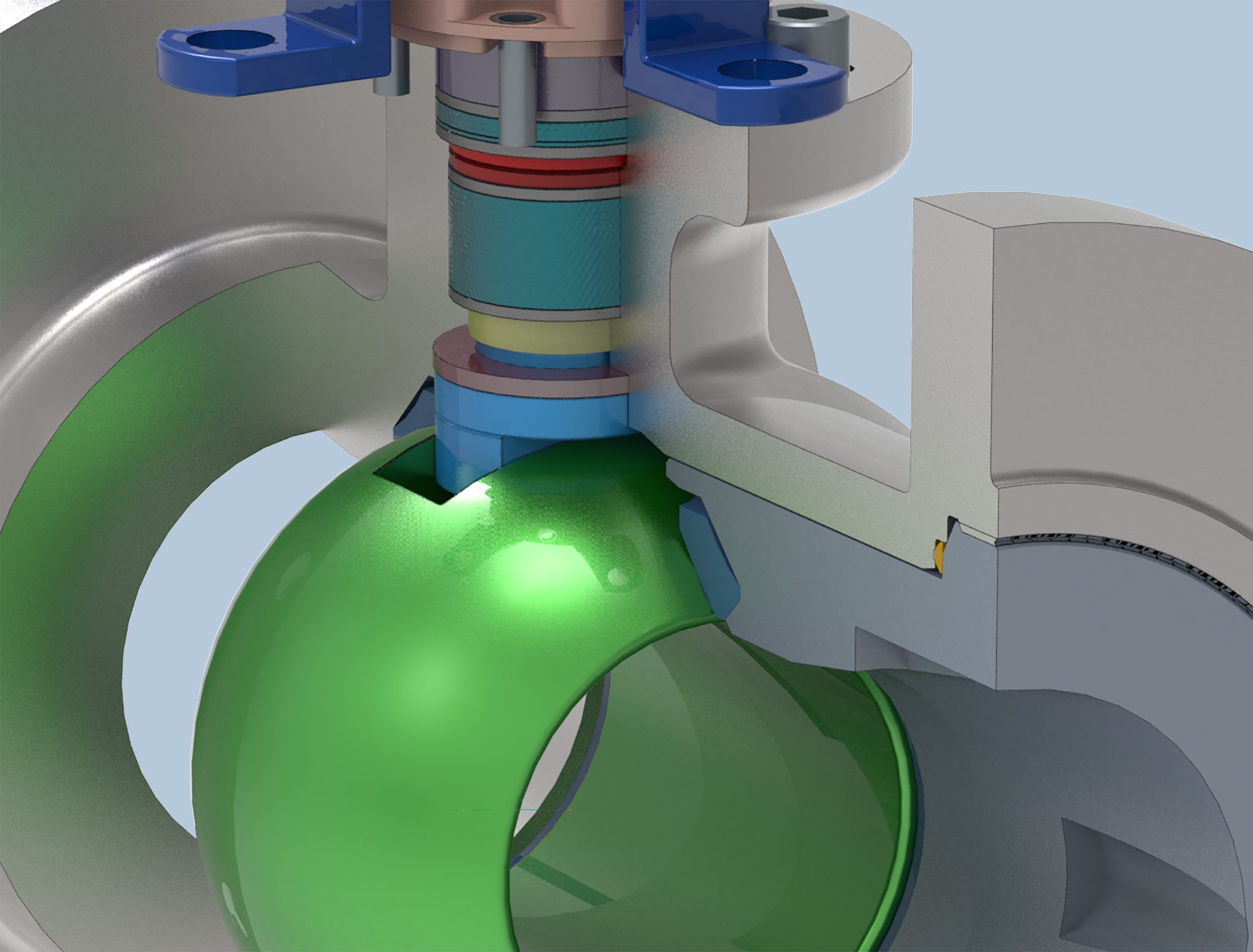 A detailed 3D rendering of a cutaway ball valve shows internal components, including a green spherical ball, seals, and housing, illustrating the flow control mechanism inside the valve.