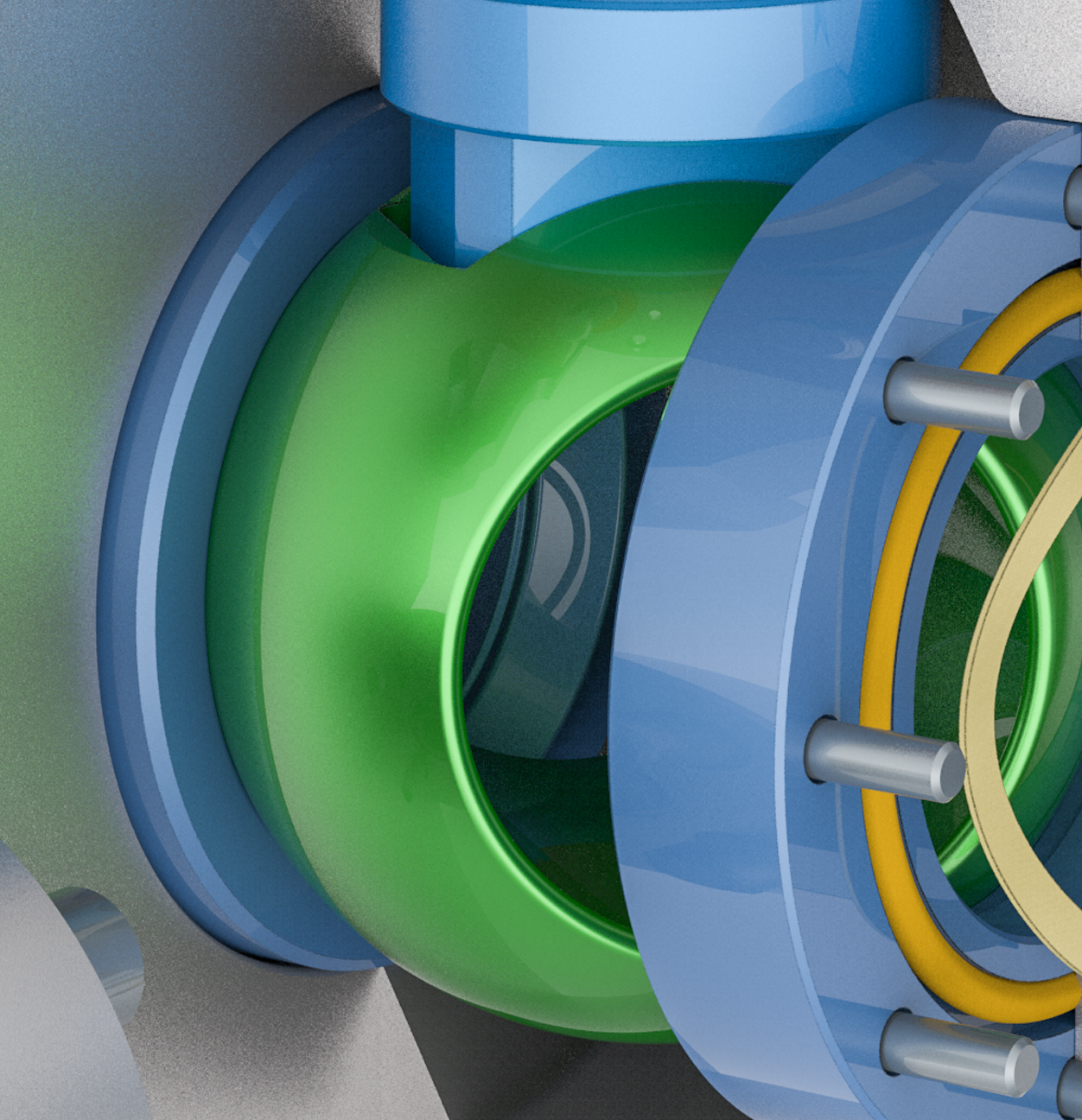 Close-up of a complex mechanical component featuring interlocking blue and green cylindrical parts, bolts, and a yellow ring, with metallic surfaces and a highly detailed, industrial appearance.