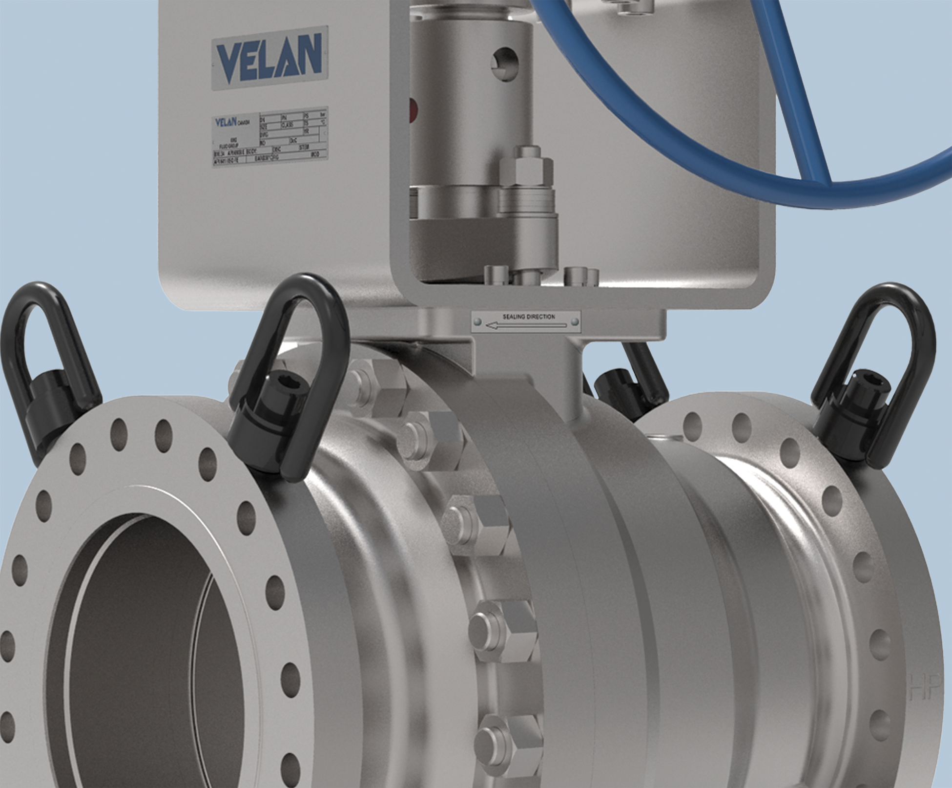Close-up of a metallic industrial valve with flanges and lifting lugs, labeled "VELAN," featuring bolts and an actuator with blue piping, set against a light blue background.