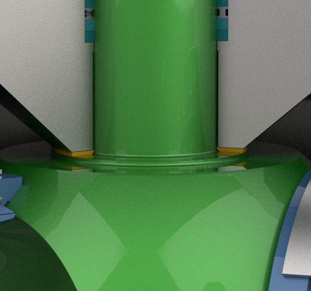 Close-up of green and gray industrial equipment with cylindrical and rounded shapes, featuring metallic and plastic surfaces, intersecting angles, and reflections.