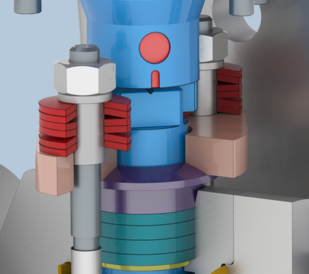 Close-up 3D render of a mechanical assembly featuring bolts with red washers, a blue cylindrical component, and various metallic and colored parts, illustrating detailed engineering design.