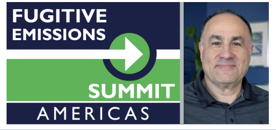 A promotional graphic for the Fugitive Emissions Summit Americas, featuring the event name and logo on the left, and a smiling middle-aged man in a collared shirt on the right.
