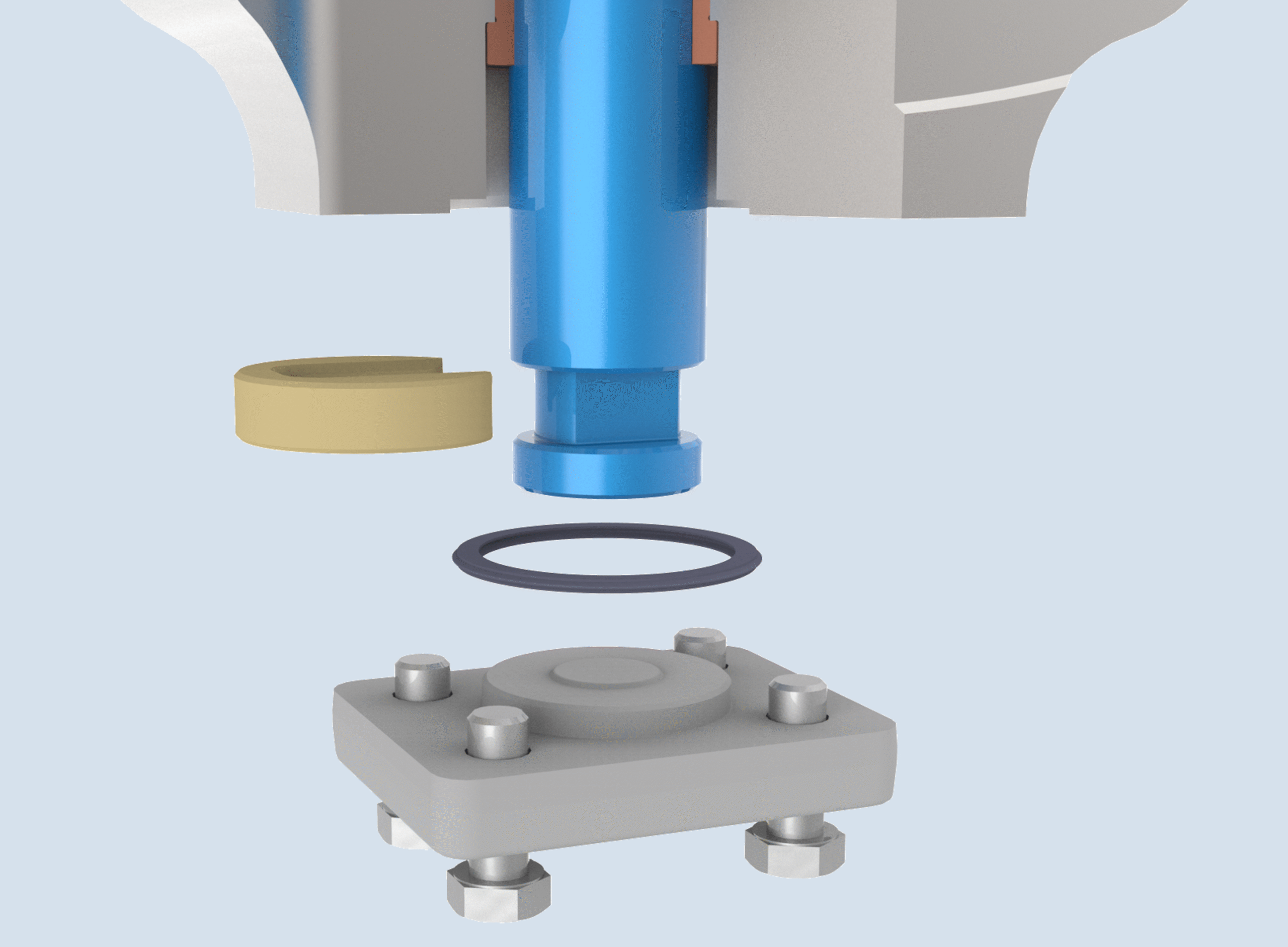 3D rendering of mechanical parts: a blue cylindrical component above a grey base with bolts, separated by a black O-ring and a tan washer, all aligned vertically as an exploded view.