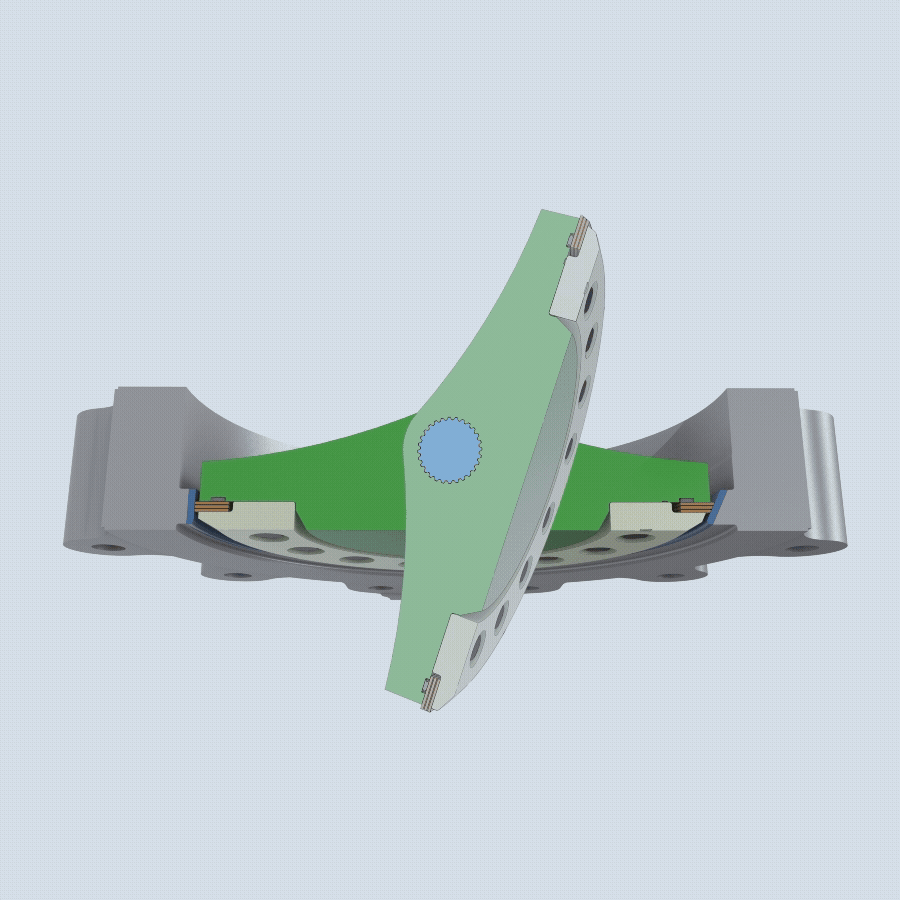3D rendering of a mechanical assembly with two gray base structures and a central green, curved component connected by a blue circular element, showing cutaway views of internal features and fasteners.