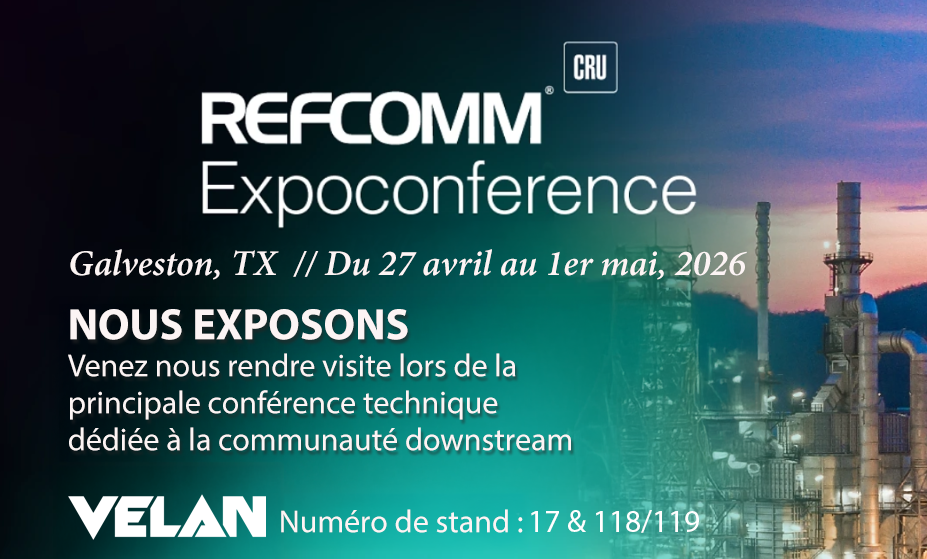 Bannière promotionnelle pour la conférence REFCOMM Expoconference à Galveston, TX, du 27 avril au 1er mai 2026. Velan expose aux kiosques 17, 118 et 119. L'arrière-plan montre une usine industrielle au crépuscule.