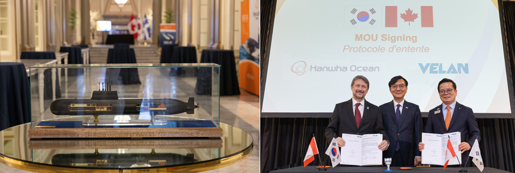 L'image est divisée en deux : à gauche, un modèle réduit de sous-marin dans une vitrine ; à droite, trois hommes tenant des documents lors d'une cérémonie de signature, avec derrière eux des drapeaux canadiens et sud-coréens et des logos d'entreprises.