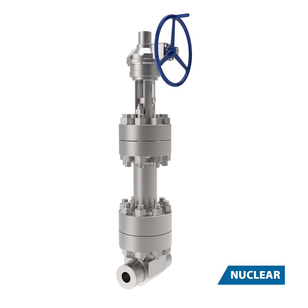 A large industrial valve with a blue handwheel, featuring multiple bolted sections, is displayed against a white background. The word “NUCLEAR” appears in a blue label at the bottom right.