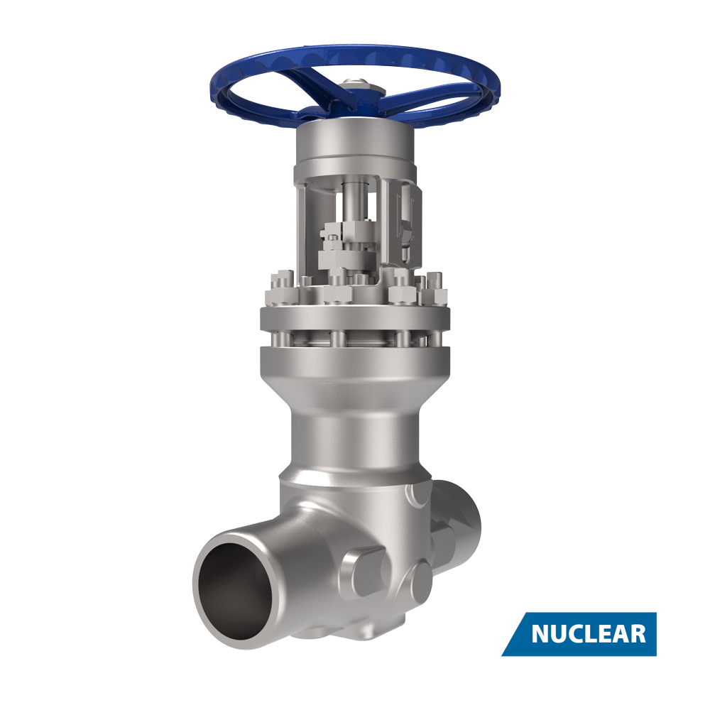 A metallic industrial gate valve with a blue handwheel, designed for nuclear applications, shown on a white background with a "NUCLEAR" label in the bottom right corner.