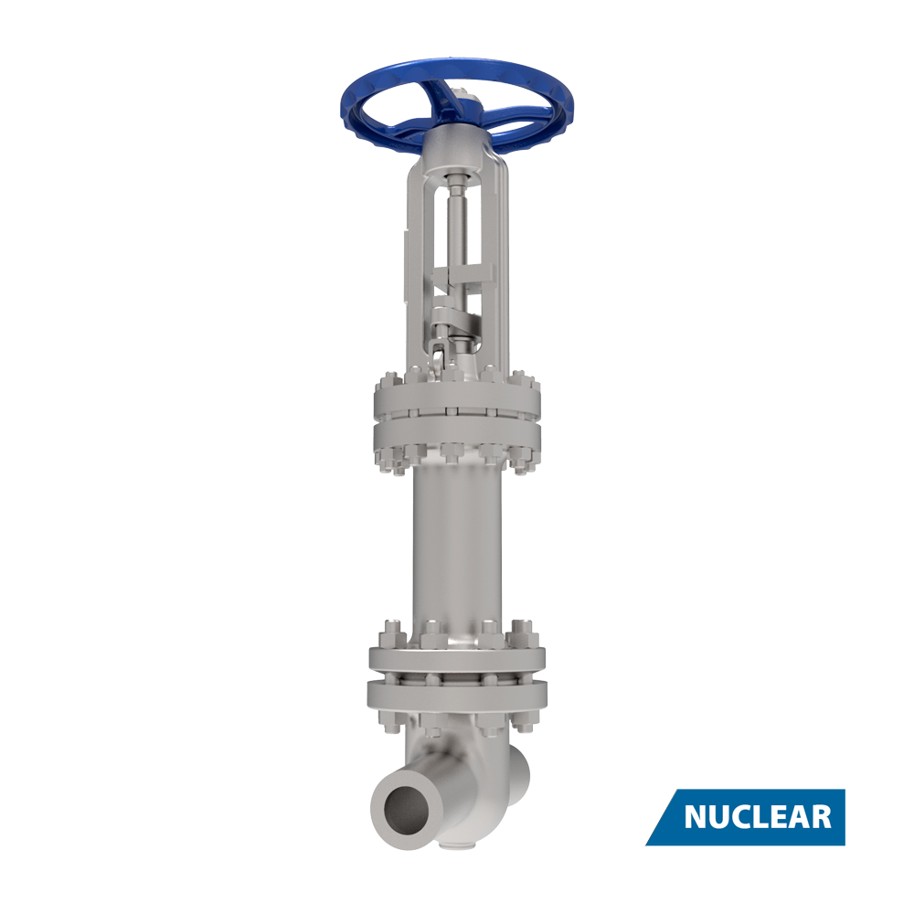 A metallic industrial valve with a blue handwheel, vertical orientation, and multiple bolted connections; the word "NUCLEAR" appears in a blue box at the bottom right corner.
