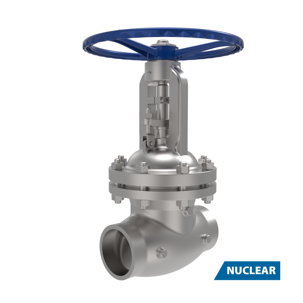A metallic industrial valve with a blue handwheel and bolted bonnet, labeled "NUCLEAR" in the bottom right corner, isolated on a white background.