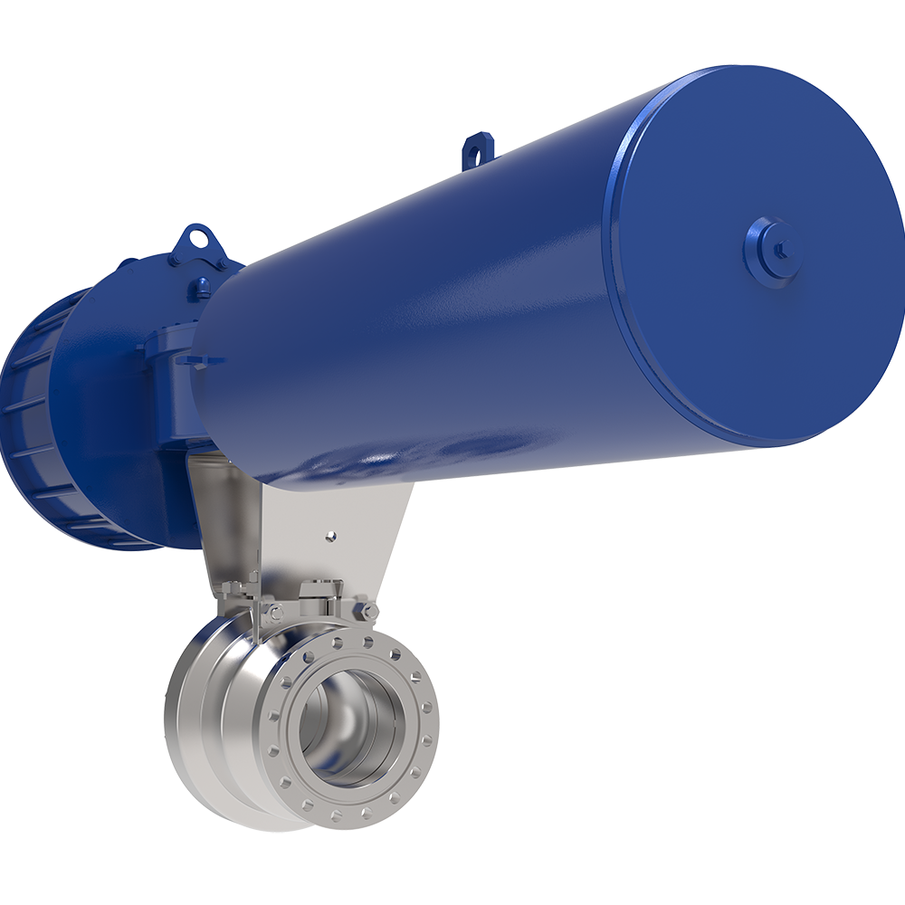 Industrial valve actuator with a large blue cylindrical housing attached to a metallic valve body, featuring mounting hardware and a flange for pipe connection, against a plain white background.